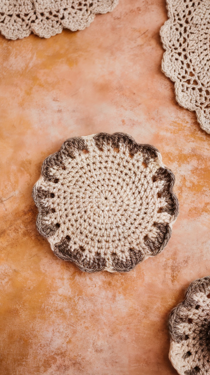A textured crochet coaster with shell-like edges in neutral tones, placed on a warm background.