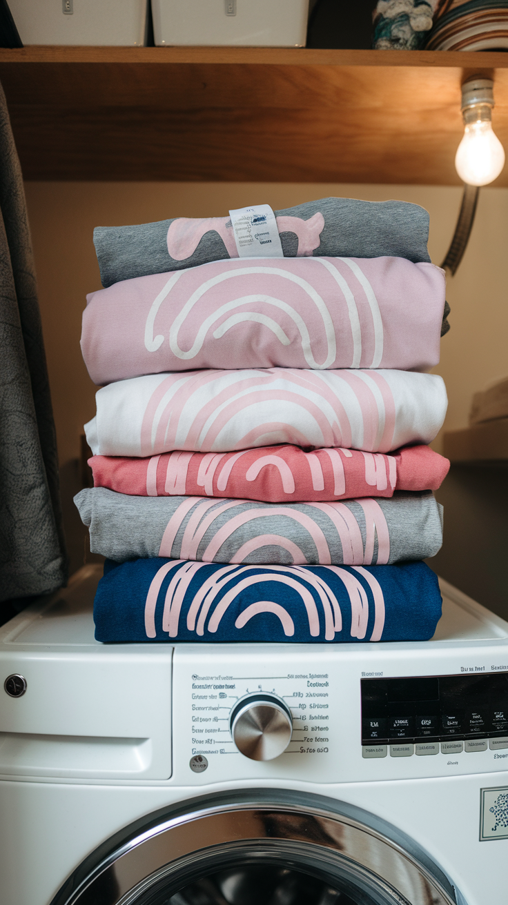 A stack of folded shirts with care instructions visible, placed on a washing machine.