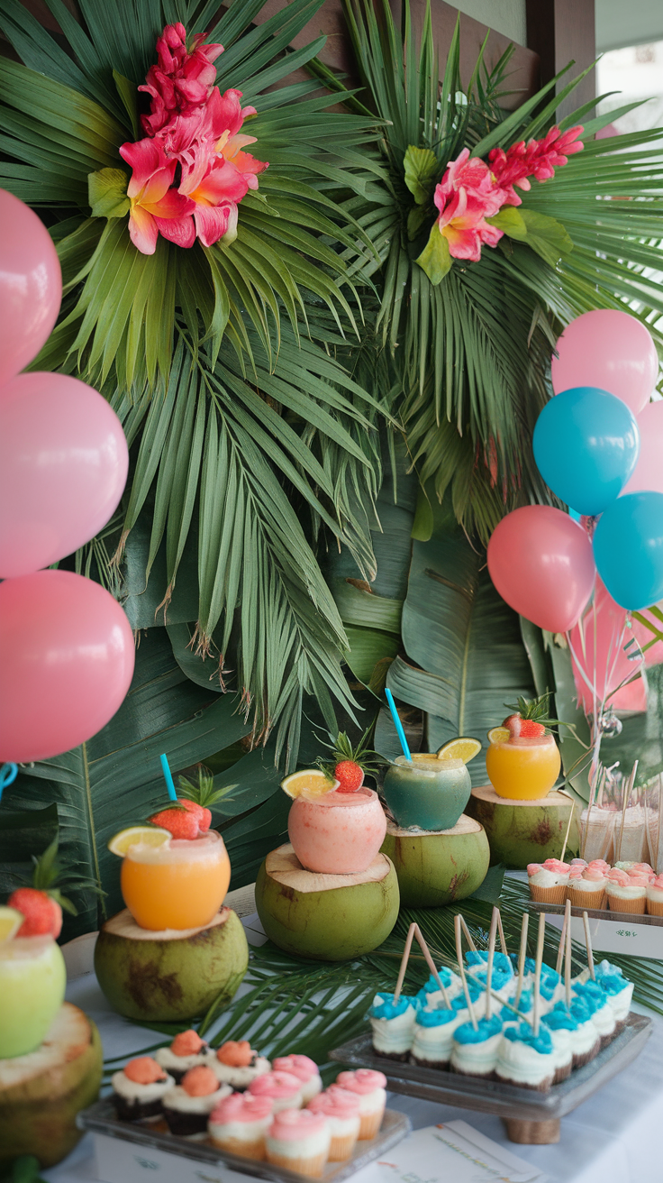 A tropical-themed table with colorful drinks in coconut shells, cupcakes, and balloons.