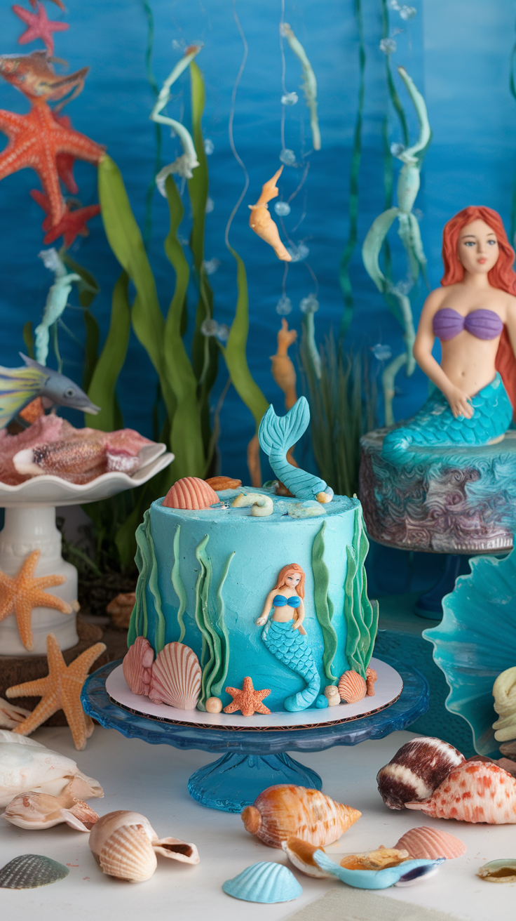 A vibrant under the sea themed cake decorated with mermaids, seashells, and seaweed.