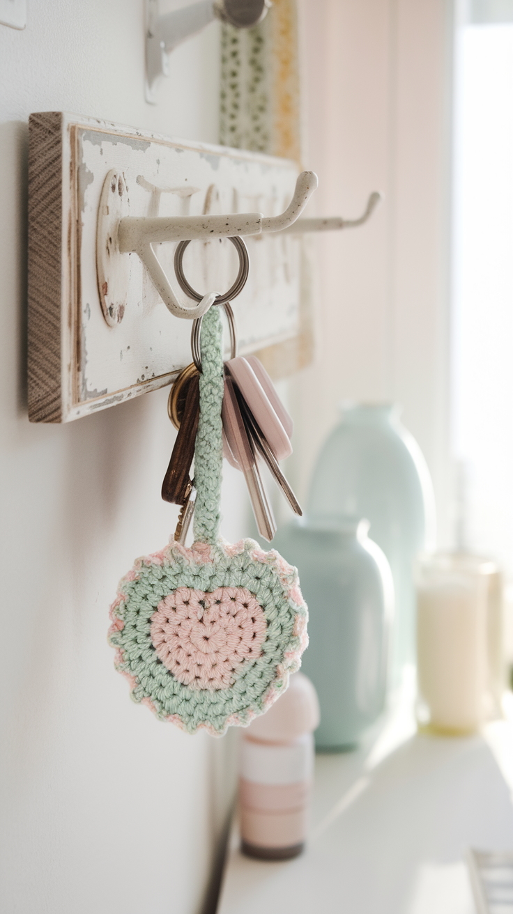 A crochet keychain with a heart design hanging on a hook.