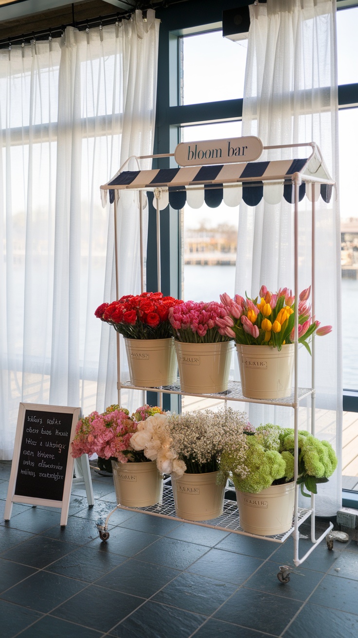A charming flower stand with a variety of colorful flowers in jars, set in a natural outdoor environment.