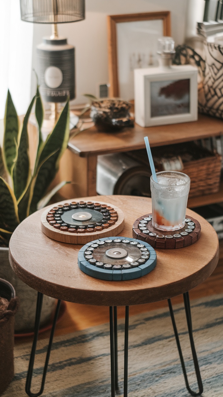Three upcycled bottle cap coasters on a wooden table with a drink