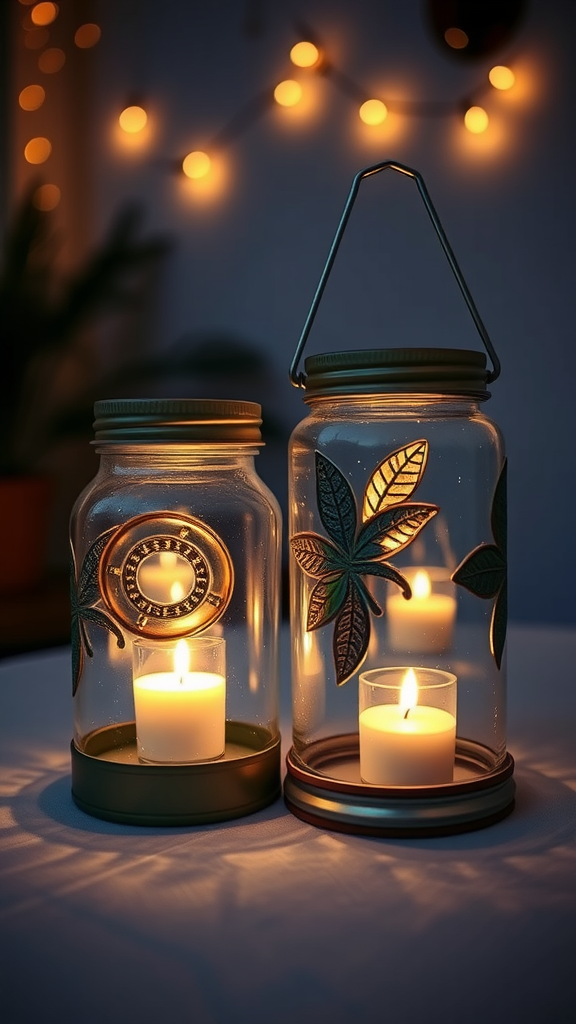Two upcycled jar lanterns with candles inside, glowing softly.