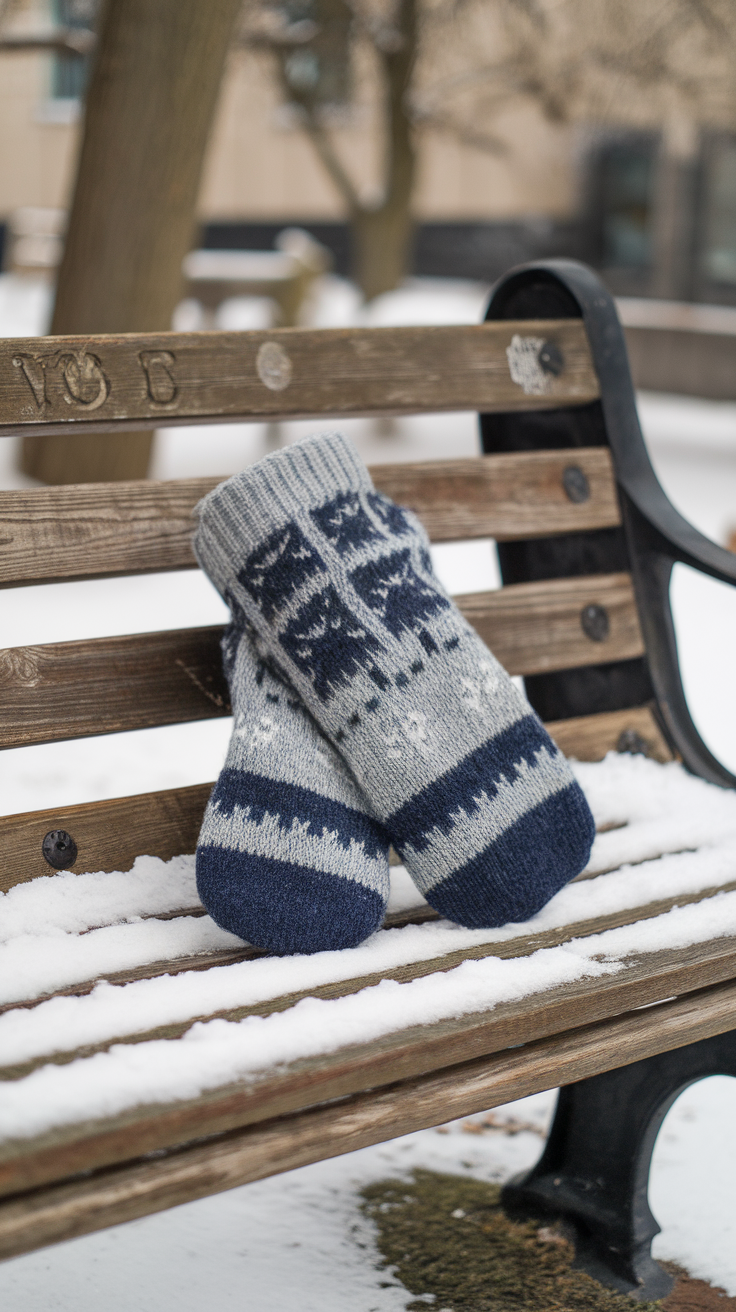 Pair of upcycled sweater mittens resting on a snow-covered bench