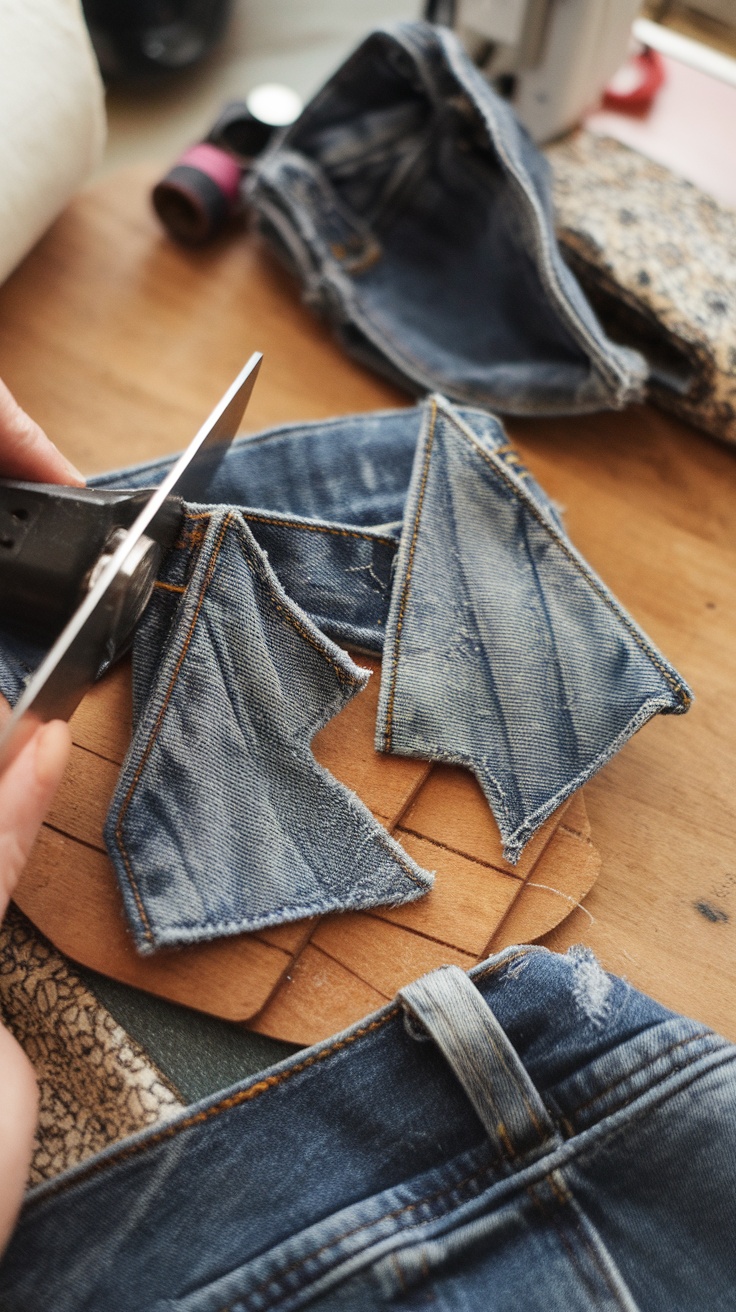 Hand cutting denim pieces for DIY earrings