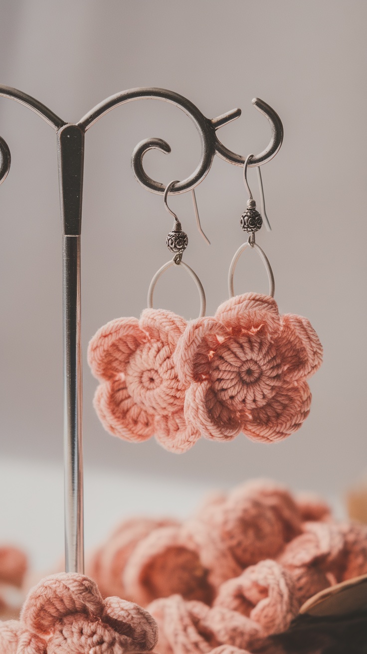 Pink crochet flower earrings displayed on a jewelry stand.