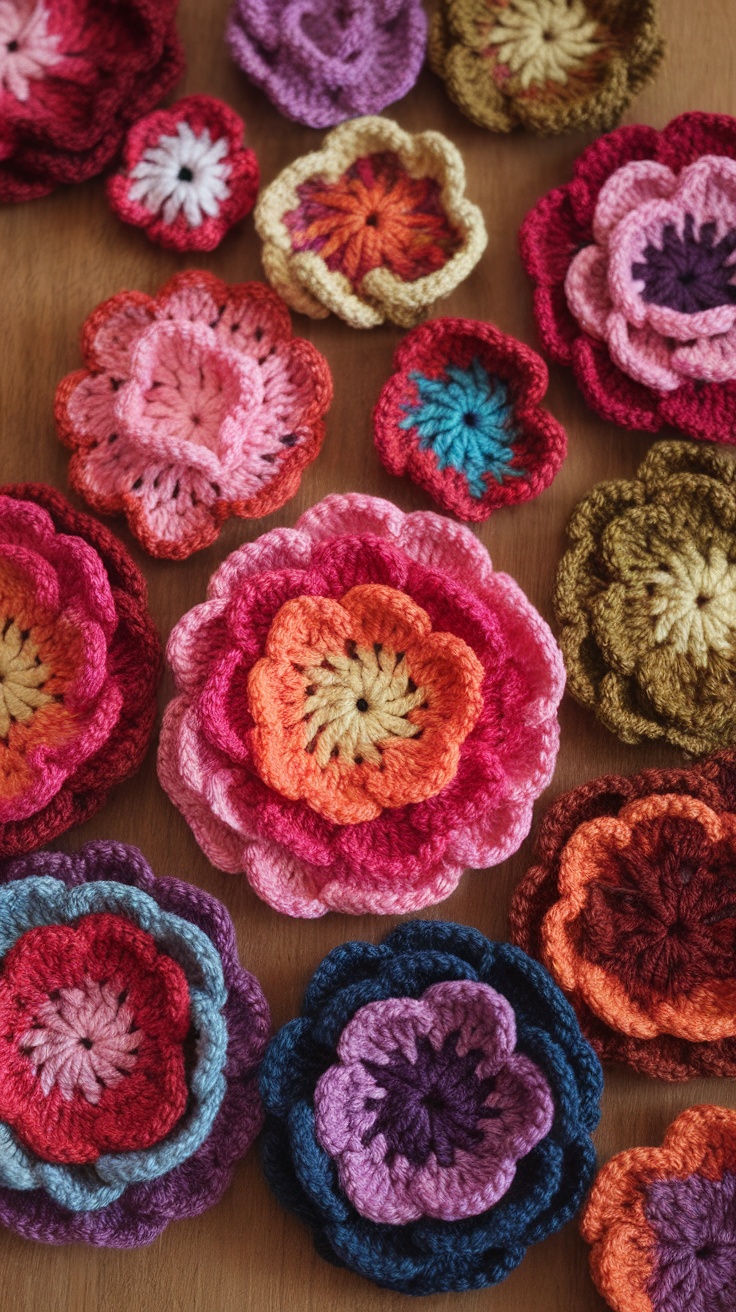 A collection of colorful crochet flowers made with variegated yarn.
