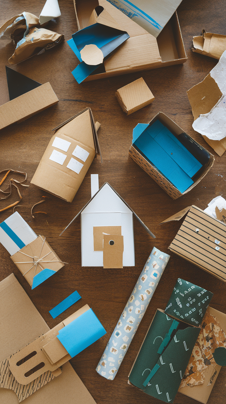 An assortment of cardboard pieces and materials for crafting Christmas houses.