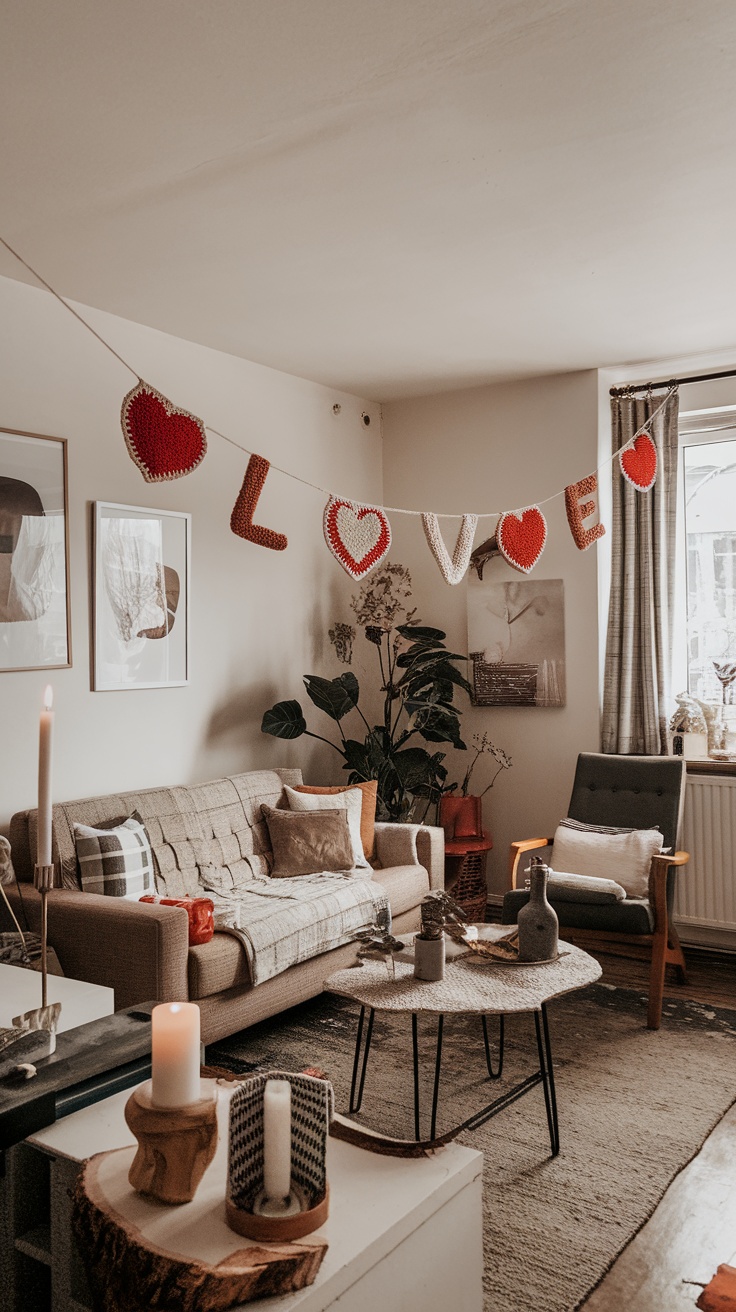 A cozy living room featuring a crochet bunting spelling 'LOVE' with red hearts.