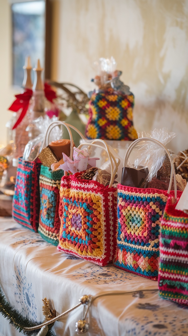 Colorful crochet gift bags displayed on a table, perfect for Valentine's Day gifts.
