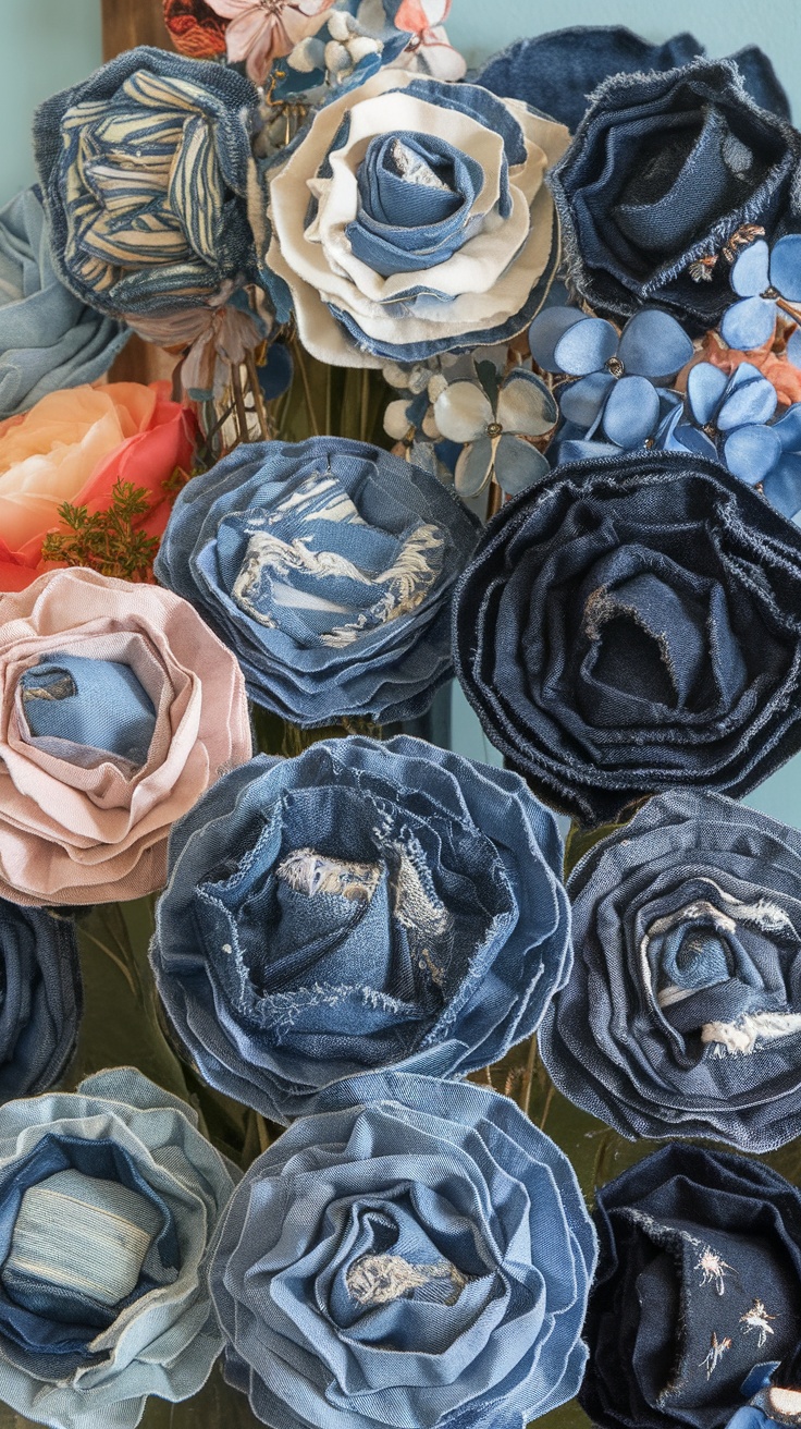 A collection of denim flowers in various blue shades and styles.
