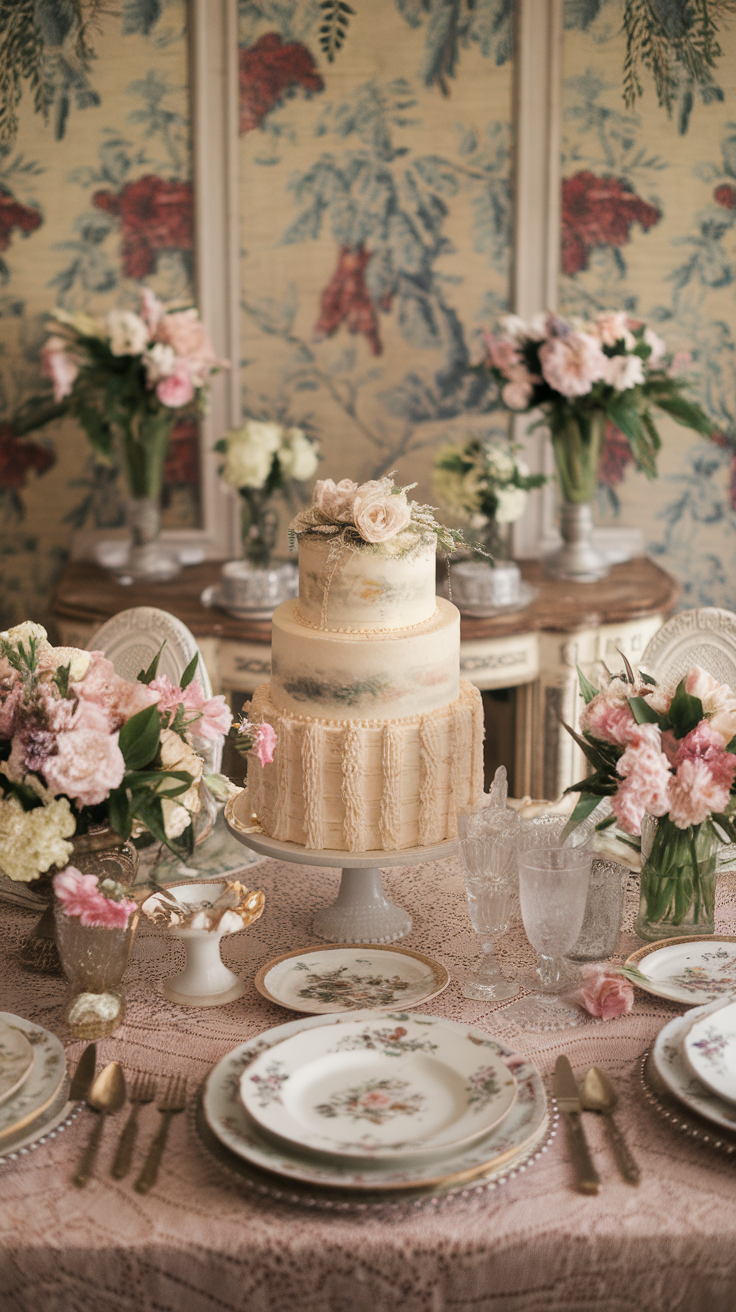 A vintage-themed table setting with a floral cake and elegant dinnerware.