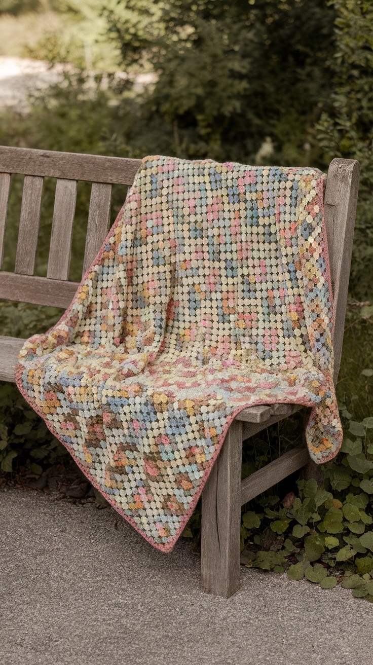 A vintage granny square blanket draped over a wooden bench in a natural setting.