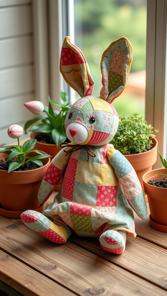 A vintage quilted bunny sitting on a wooden table with potted plants in the background.