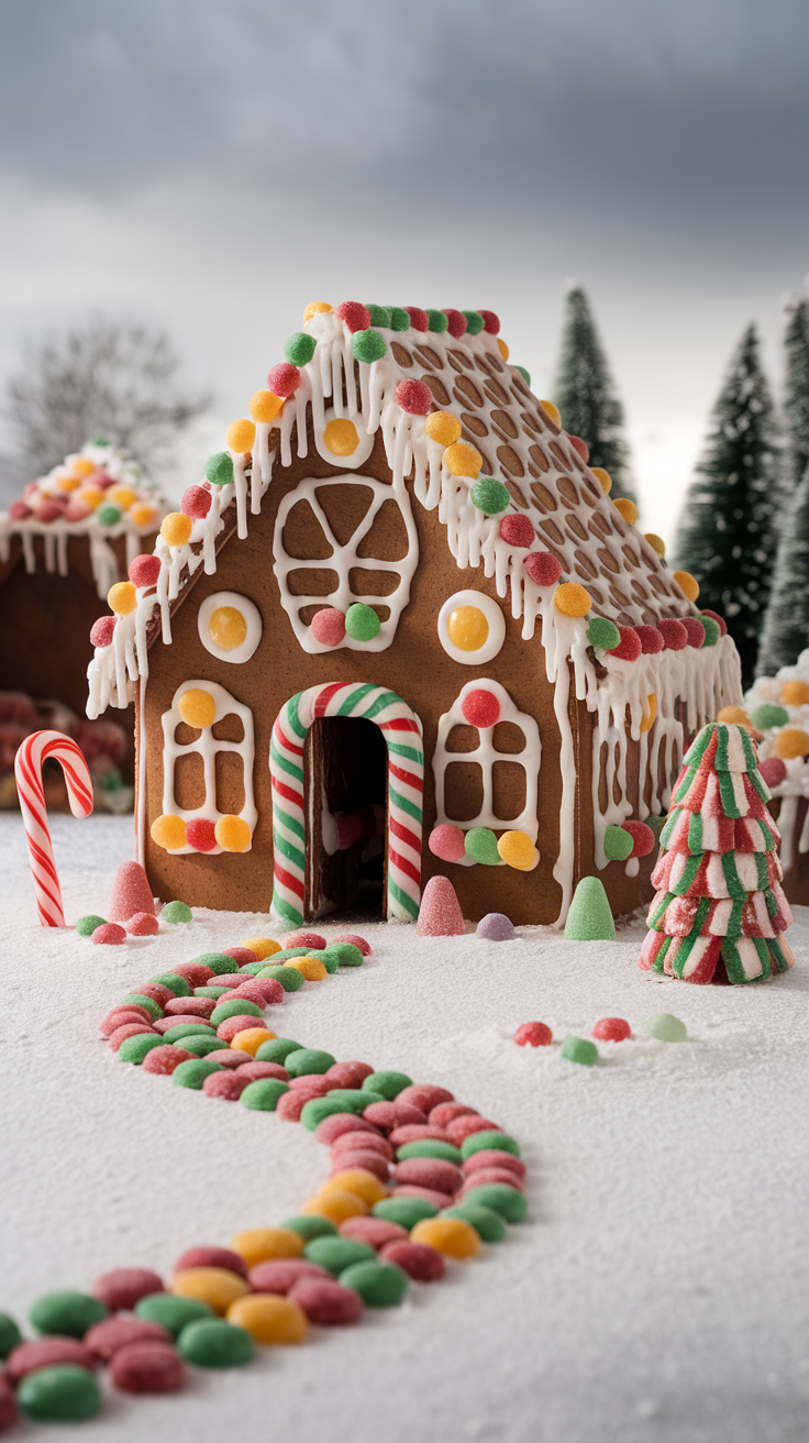 A whimsical gingerbread house decorated with colorful candies and icing.