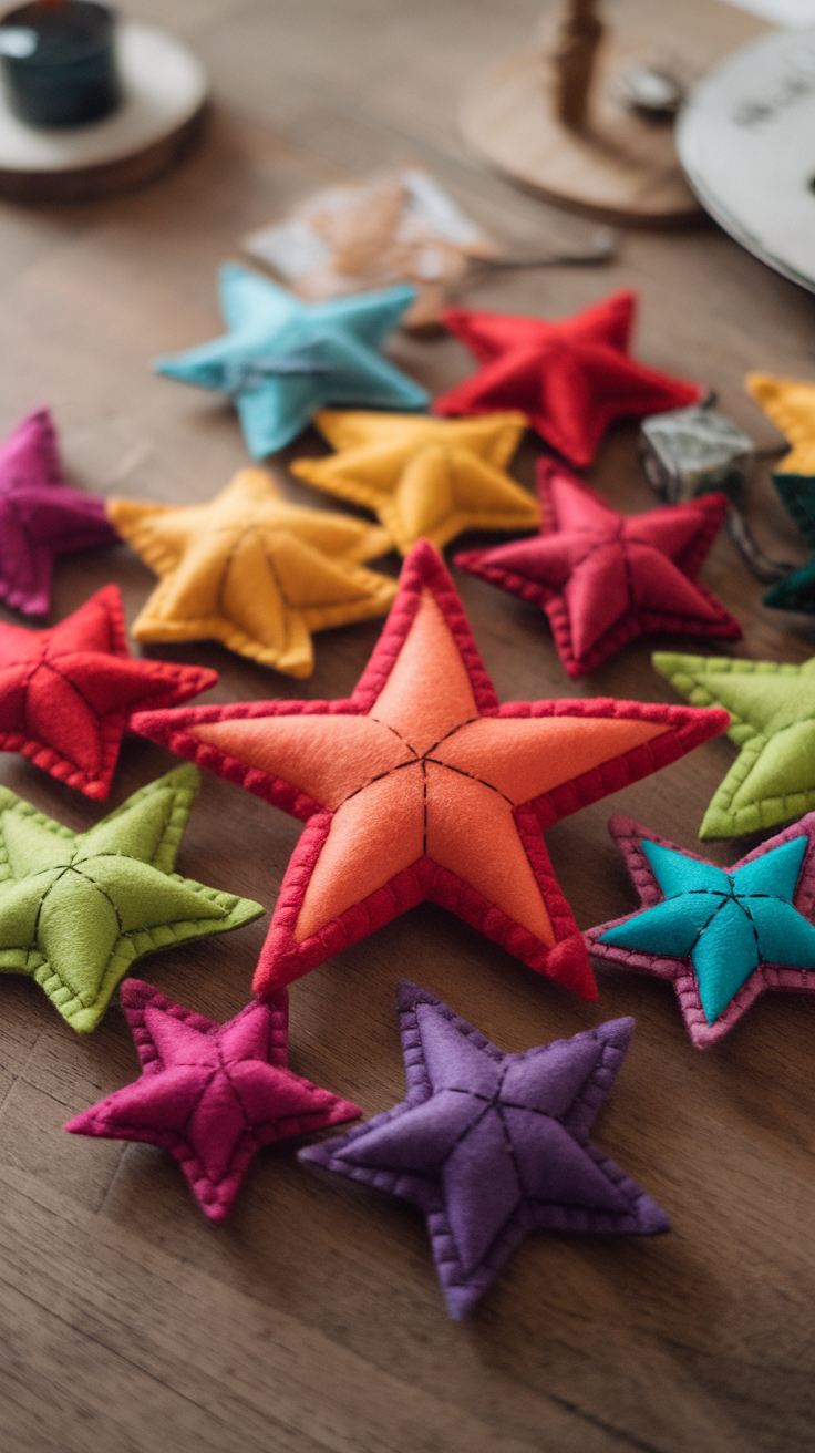 Colorful felt star ornaments on a wooden table