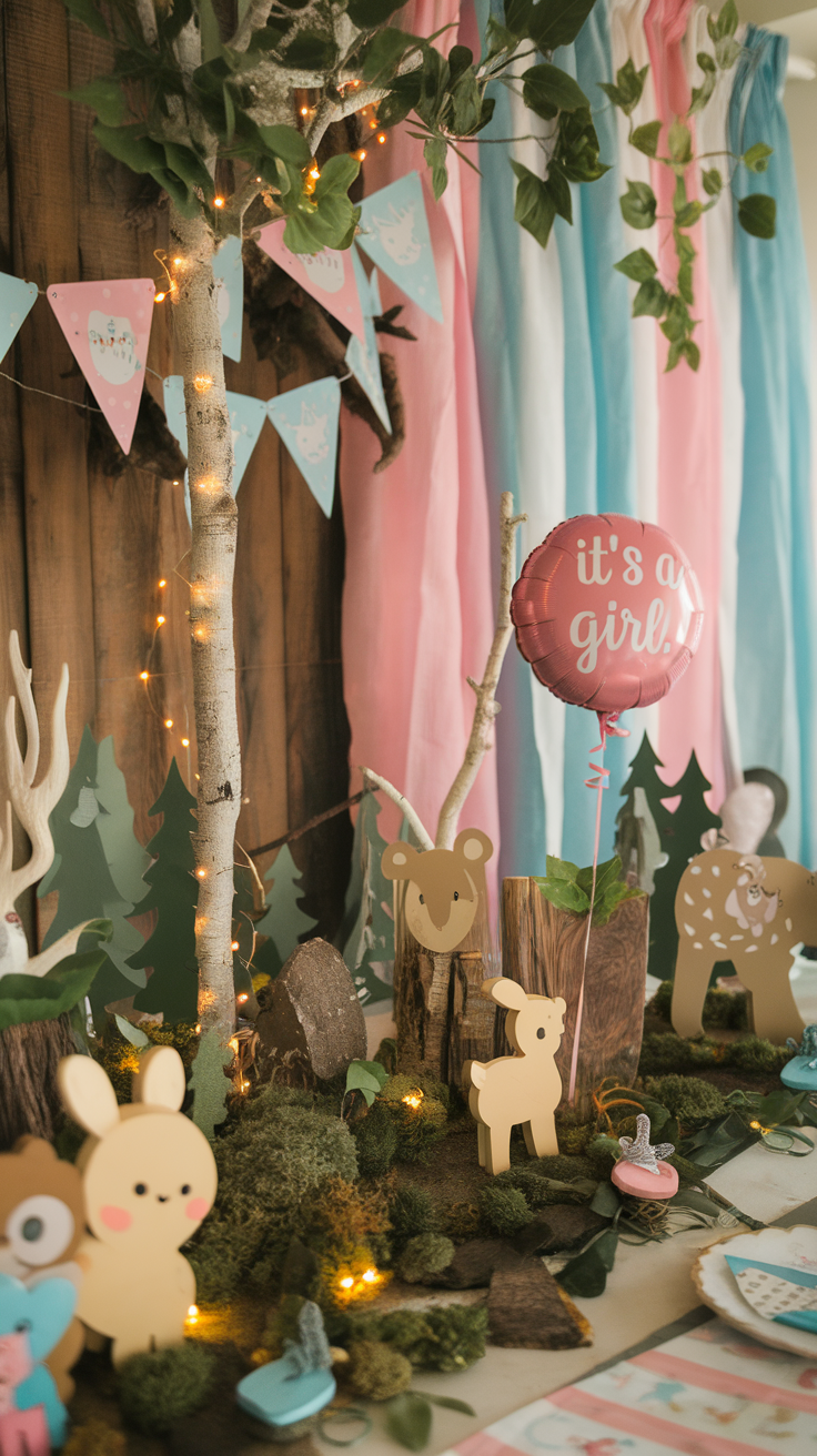 A playful woodland-themed decoration featuring cute creatures, a balloon, and colorful banners.