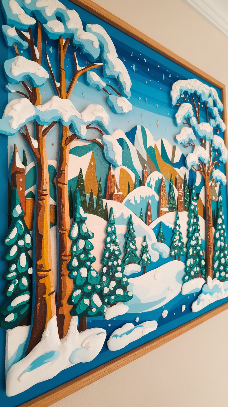 A vibrant winter-themed wall art depicting snow-covered trees and mountains.