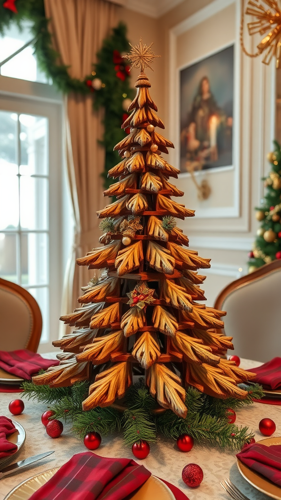 A beautifully crafted wooden Christmas tree centerpiece surrounded by festive decor.