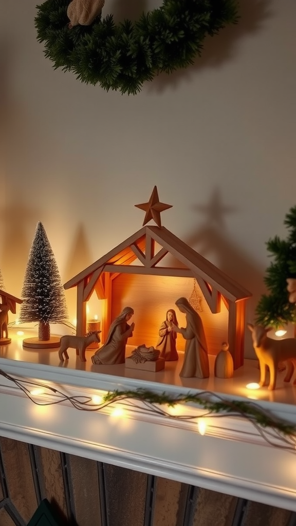 A beautifully arranged wooden nativity scene with soft lights and holiday decor.