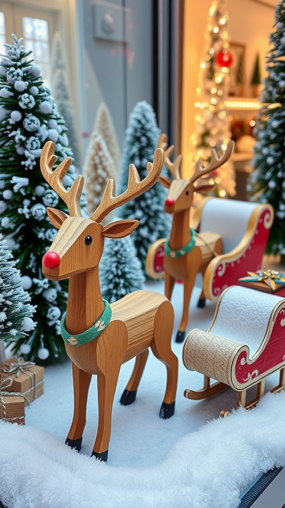 Wooden reindeer and sleigh decoration surrounded by snowy trees and presents