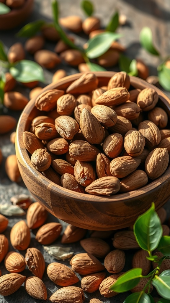 A wooden bowl filled with almonds, surrounded by scattered almonds and green leaves.