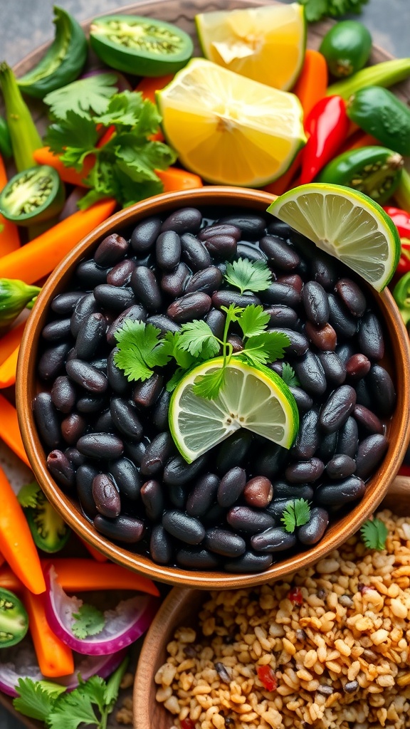 A bowl of black beans garnished with lime and cilantro surrounded by colorful vegetables.