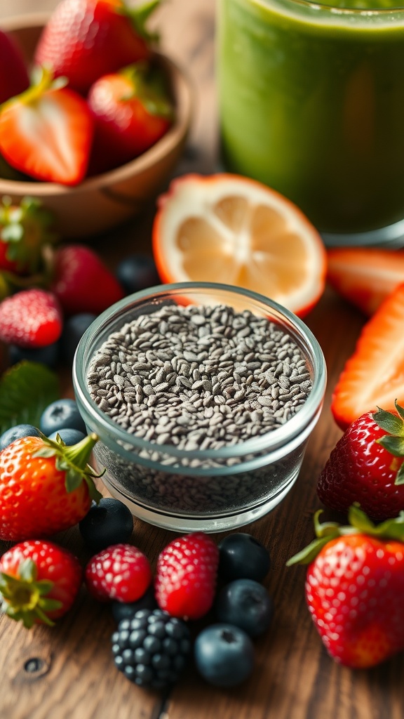 A bowl of chia seeds surrounded by fresh berries and citrus fruits, showcasing a healthy vegan lifestyle.