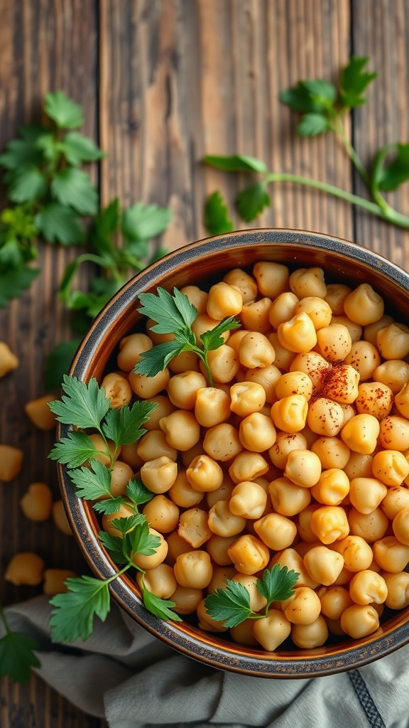 A bowl of chickpeas garnished with parsley on a wooden table