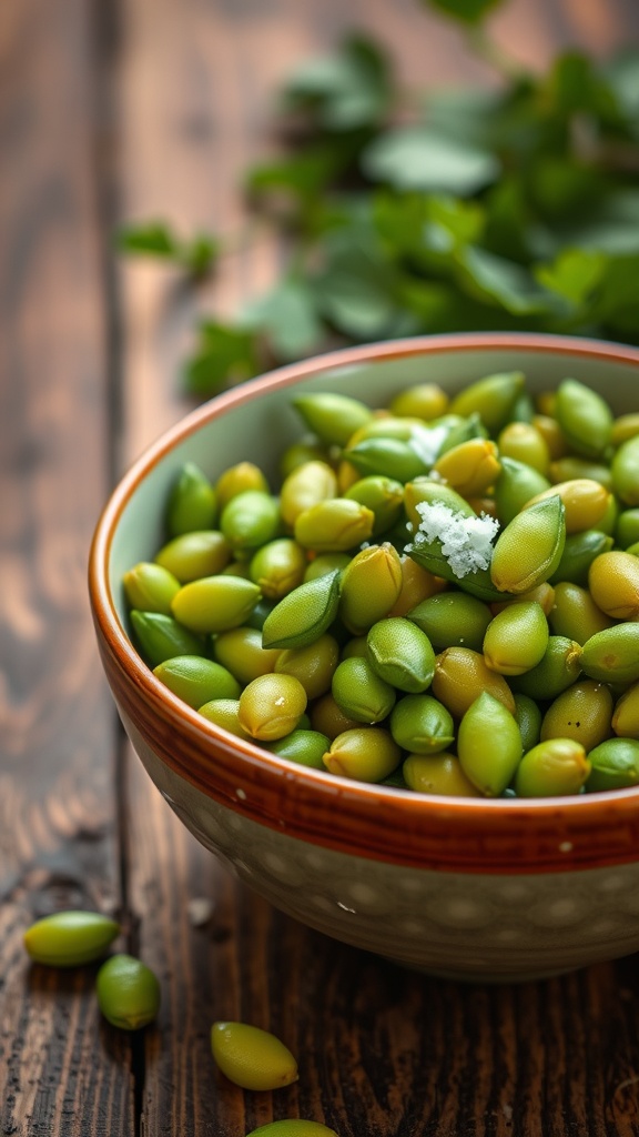 A bowl of fresh edamame sprinkled with salt on a wooden table.