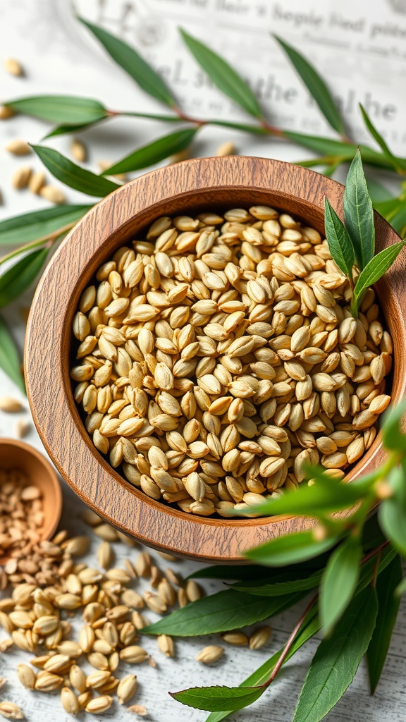 A wooden bowl filled with hemp seeds surrounded by green leaves and smaller seeds scattered around.