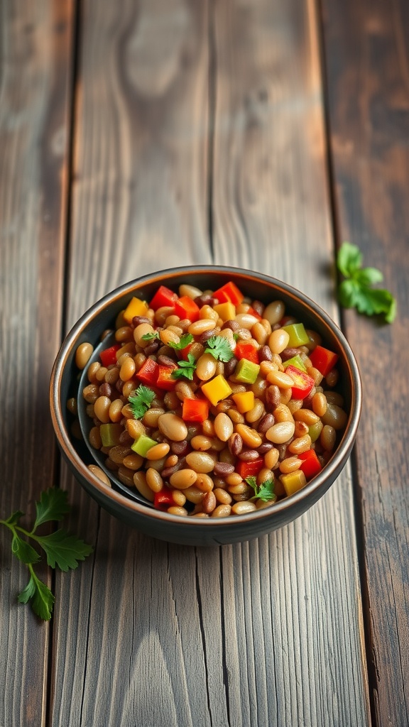 A bowl of colorful lentil salad with diced peppers and fresh herbs.