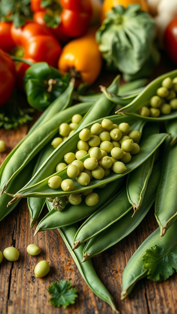 Fresh green peas and various colorful vegetables on a wooden surface.