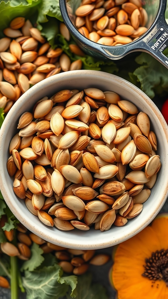 A bowl filled with pumpkin seeds surrounded by fresh greens and colorful flowers.