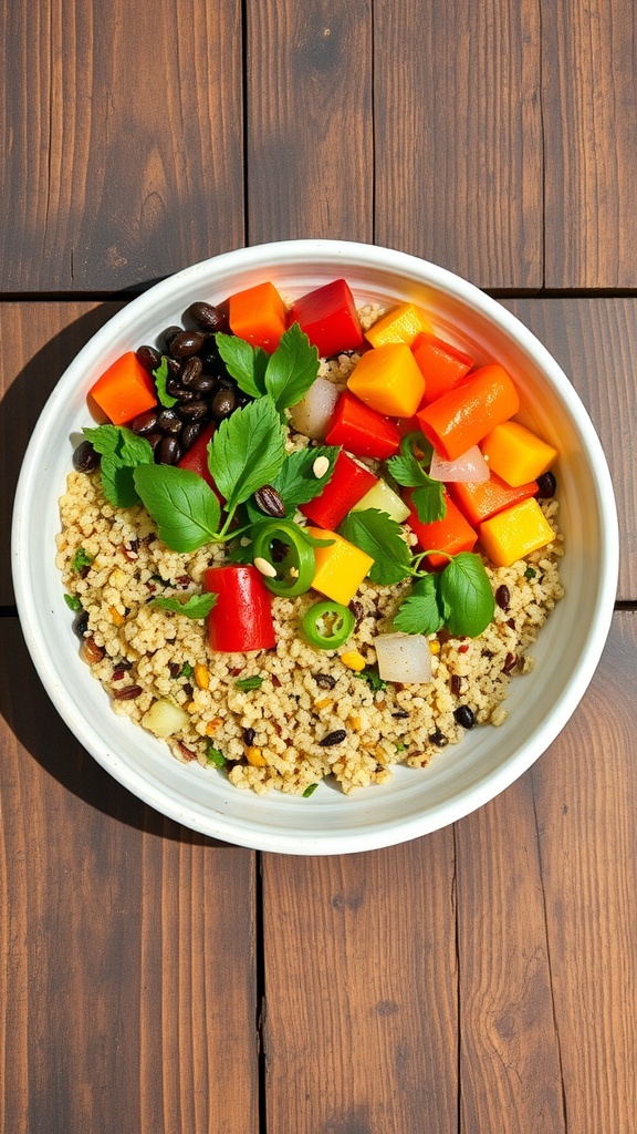 A bowl of quinoa mixed with colorful vegetables and black beans.