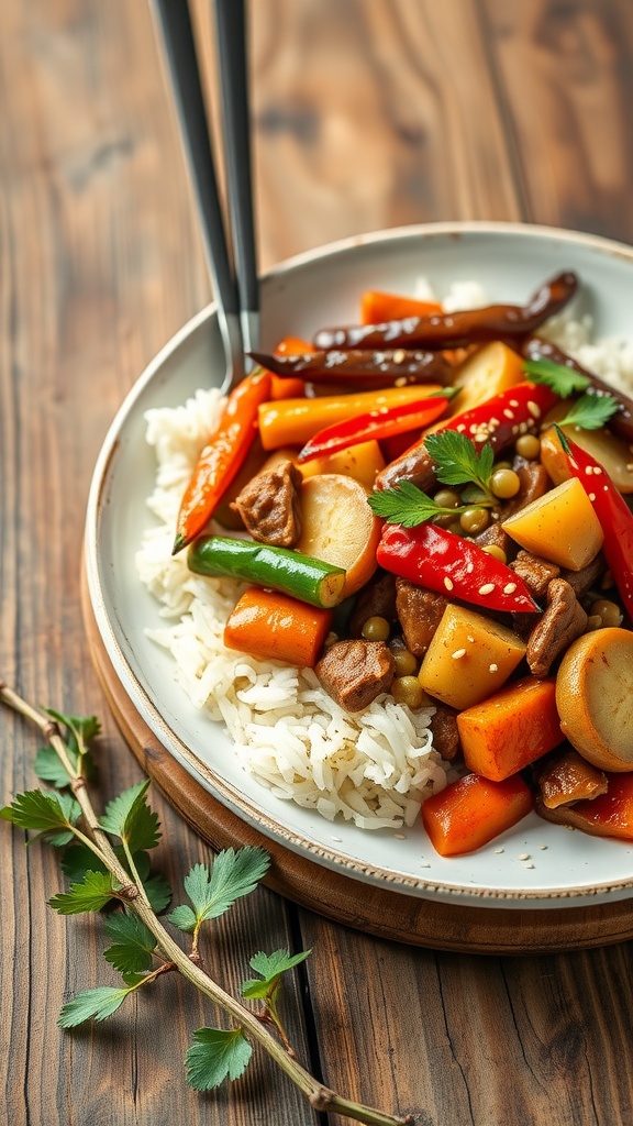 A bowl of seitan stir-fry with colorful vegetables over rice.