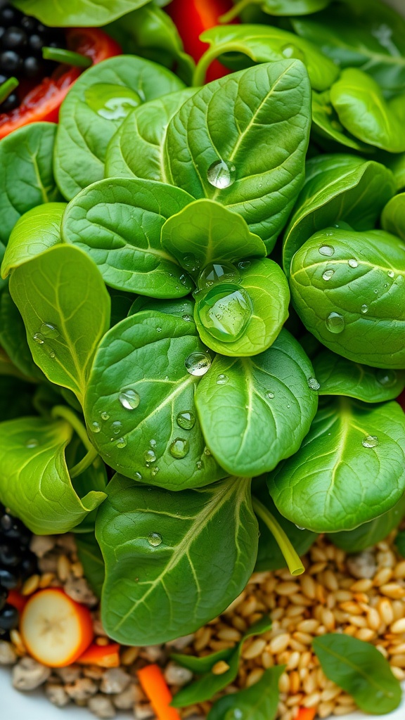 Fresh spinach leaves with droplets of water, surrounded by other colorful vegetables