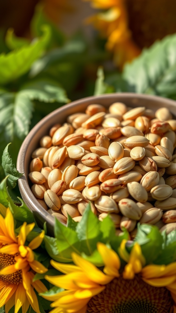 A bowl of sunflower seeds surrounded by sunflower flowers and green leaves.