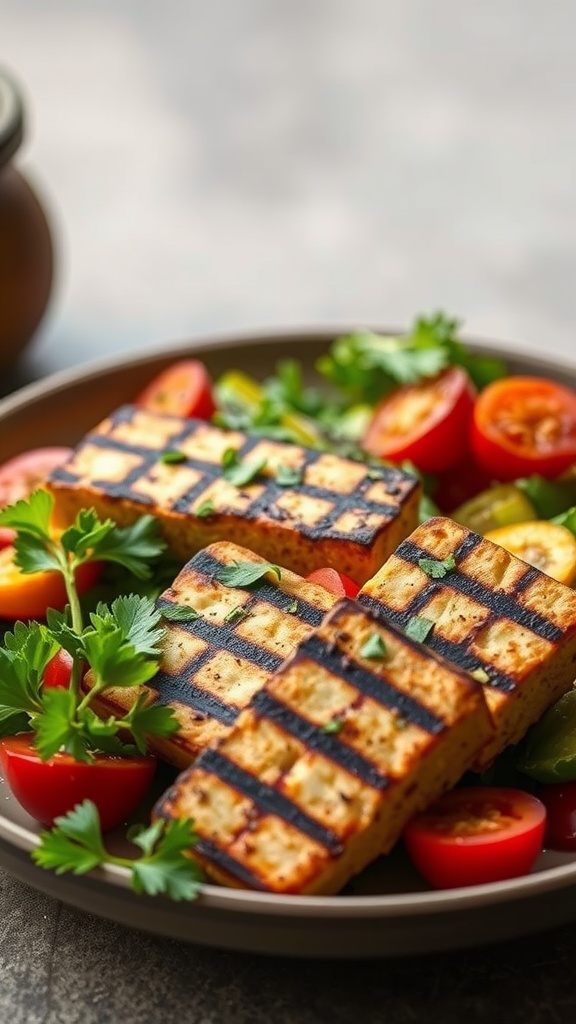 Grilled tempeh served with cherry tomatoes and fresh herbs on a plate.