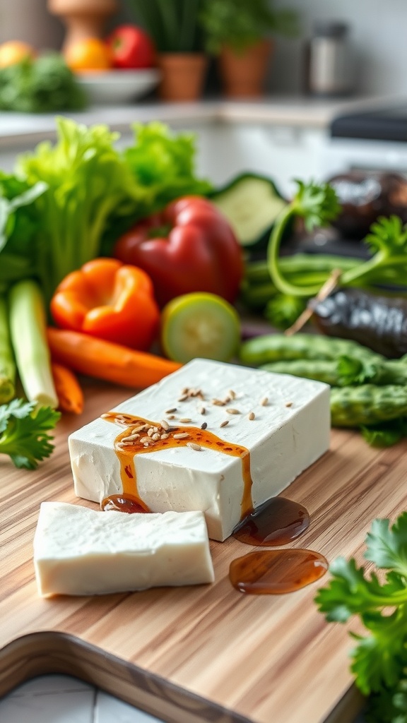 A block of tofu with sauce on a wooden cutting board surrounded by fresh vegetables.