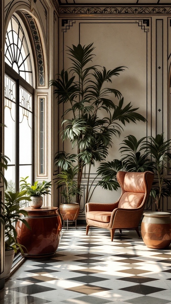 A stylish interior with Art Deco influences, featuring a comfortable chair, plants, and geometric patterned flooring.