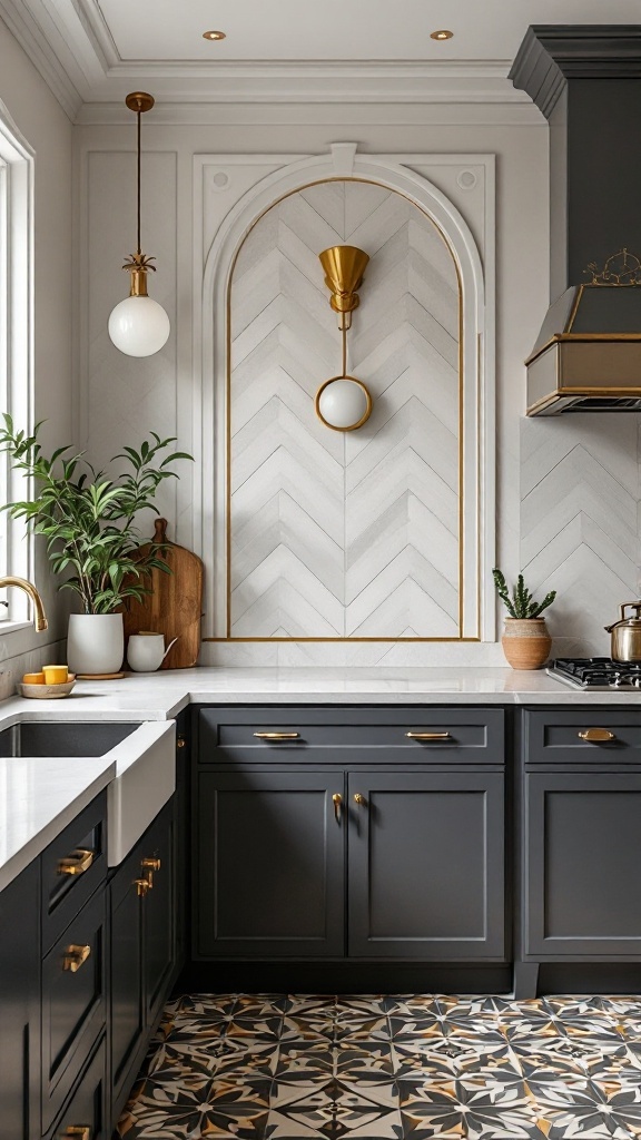 Elegant kitchen featuring Art Deco inspired dado tiles with geometric patterns and rich colors.