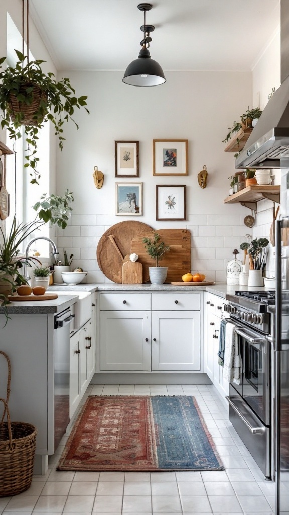 A stylish galley kitchen with plants, artwork, and a cozy rug.