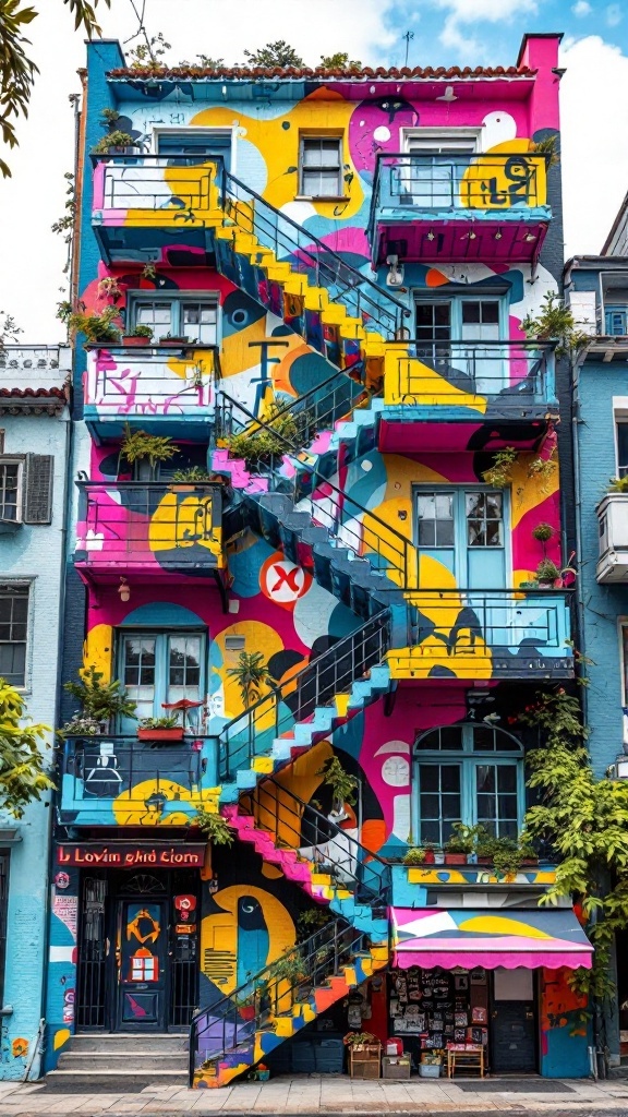 Colorful stacked balcony architecture with vibrant murals and plants.