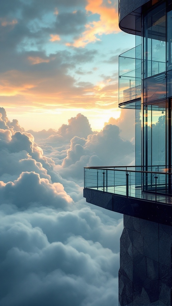 A stunning glass balcony overlooking a cloud-filled sky during sunset.