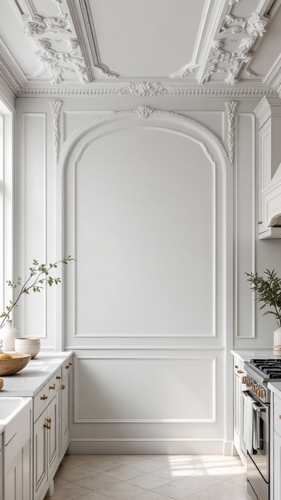 A kitchen with elegant artistic plaster molding on the ceiling.