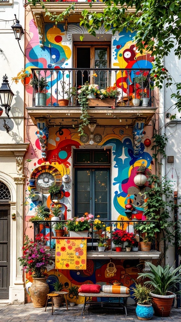 A colorful artistic balcony adorned with plants and decorative elements.