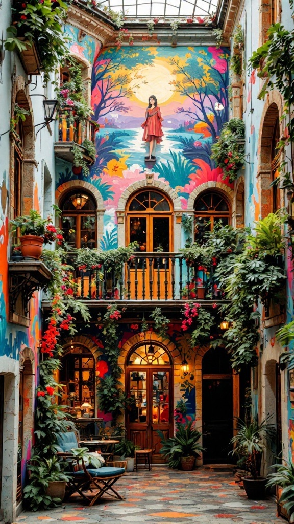 A colorful mural in a balcony atrium featuring a serene landscape and vibrant flowers.