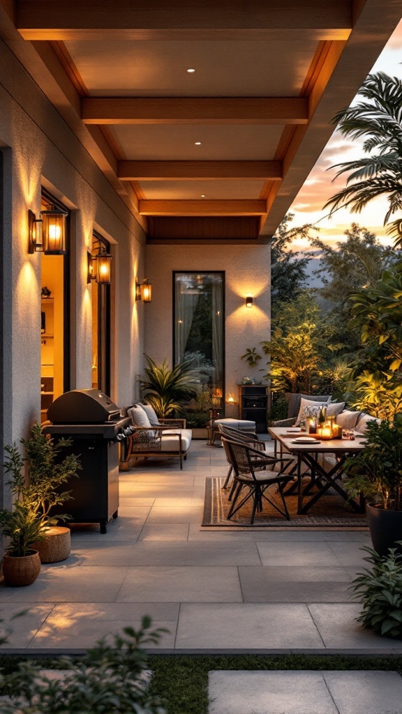 A beautifully designed balcony with seating, a grill, and soft lighting, perfect for entertaining.